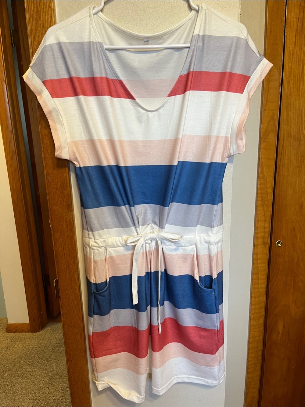 Striped V‑Neck Drawstring Mini Dress in Blue, Pink & White